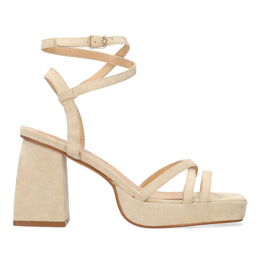 Beige faux suede sandal with squared heel 