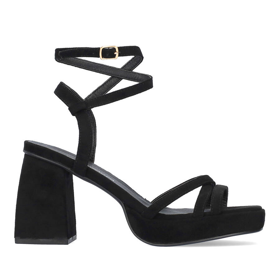 Black faux suede sandal with squared heel 