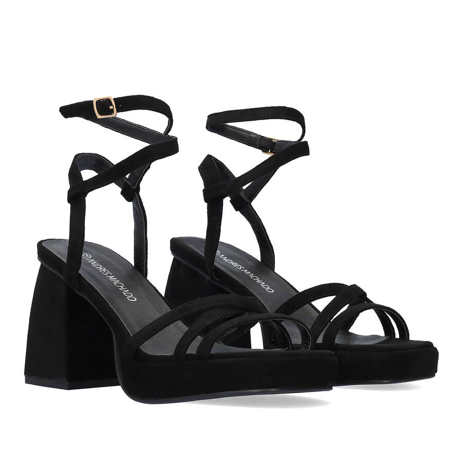 Black faux suede sandal with squared heel 