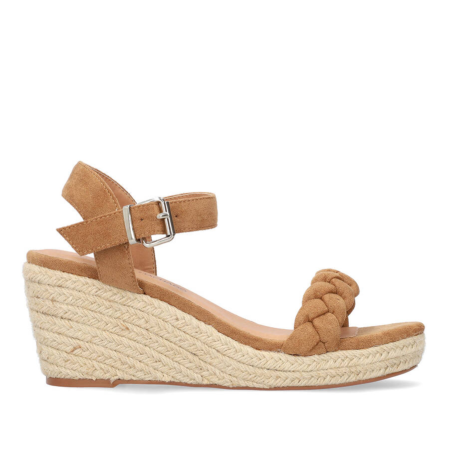 Brown faux suede sandal with a jute wedge 