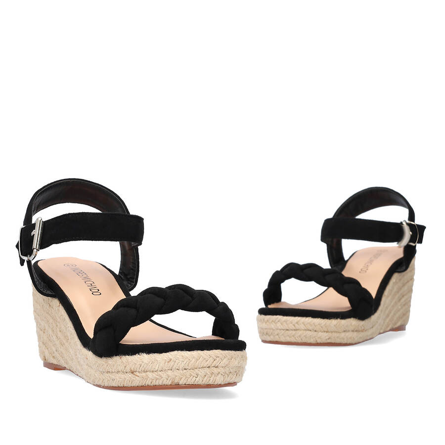 Black faux suede sandals with a jute wedge 