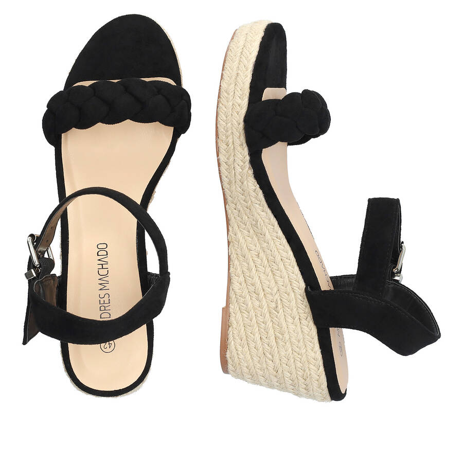 Black faux suede sandals with a jute wedge 