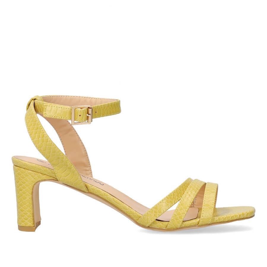 Soft Snake mustard coloured sandals with a thin block heel 