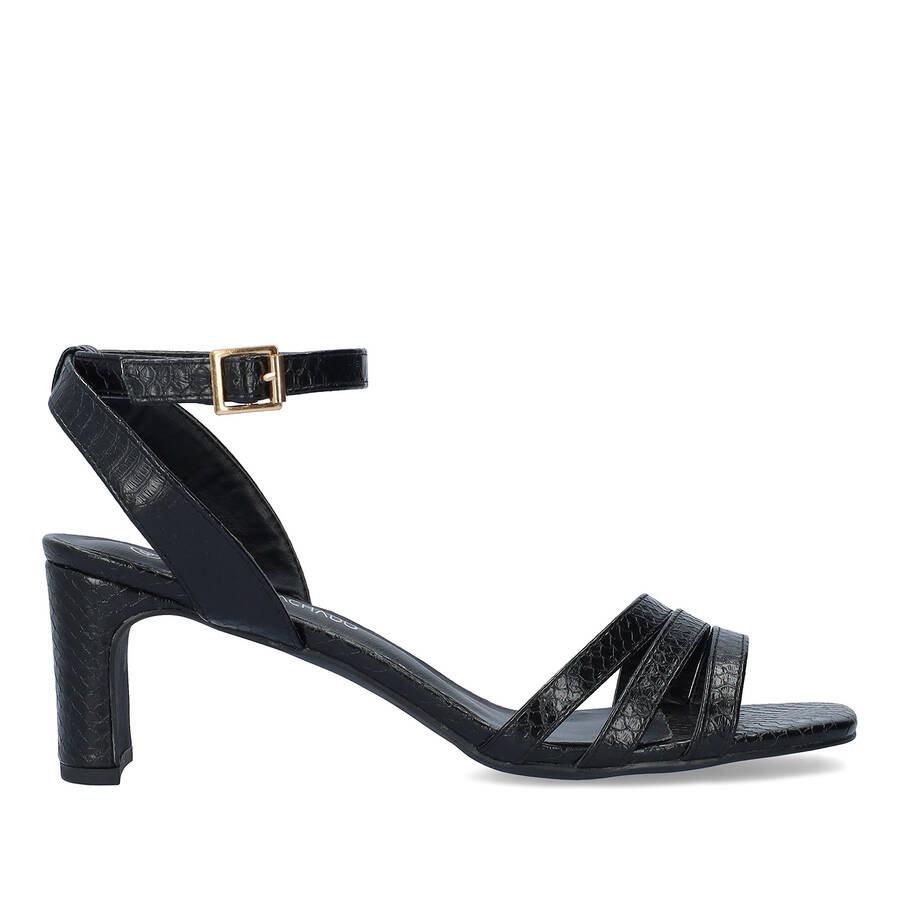 Sandale en simili cuir snake Noir avec talon semi-carré 