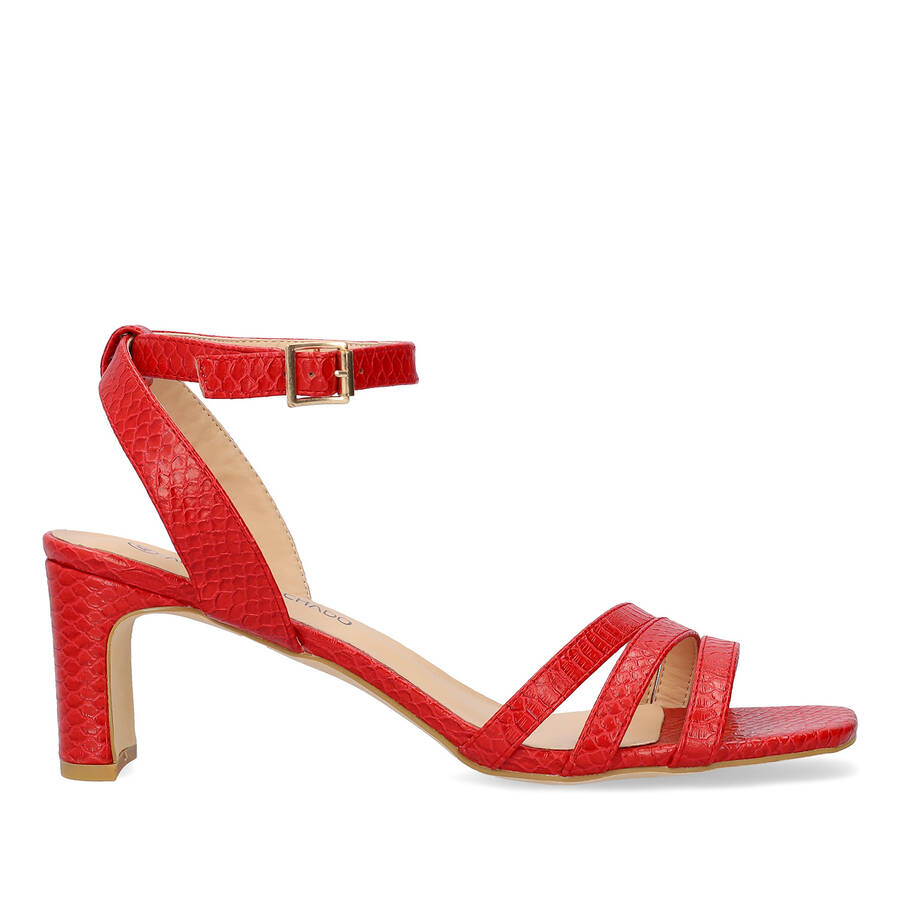 Sandale en simili cuir snake Rouge avec talon semi-carré 