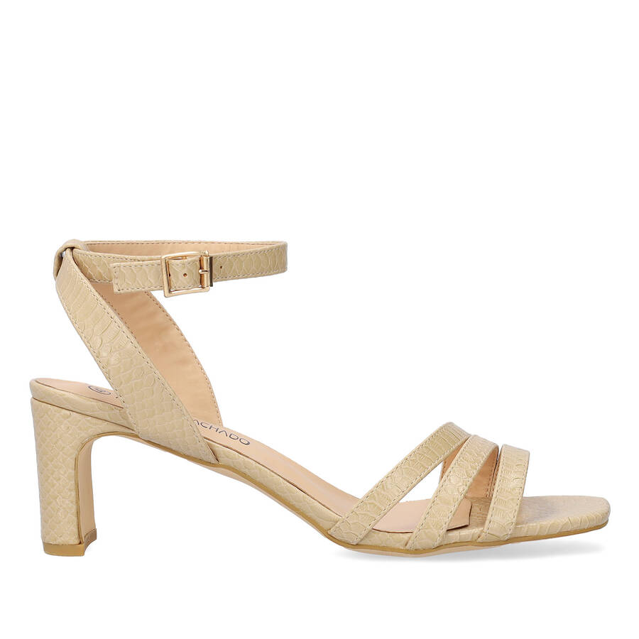 Soft Snake dark beige coloured sandals with a thin block heel 