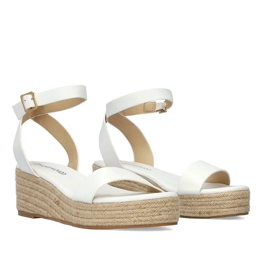 White soft sandals with a jute wedge 