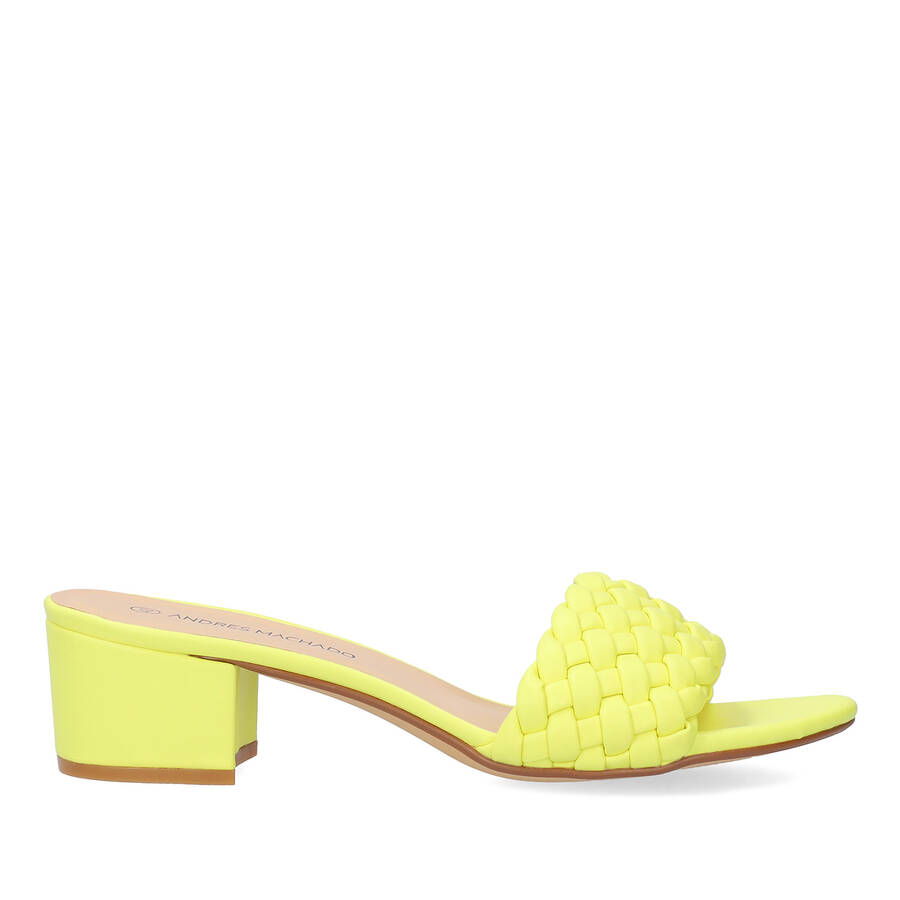 Squared heel mule in soft neon yellow material 