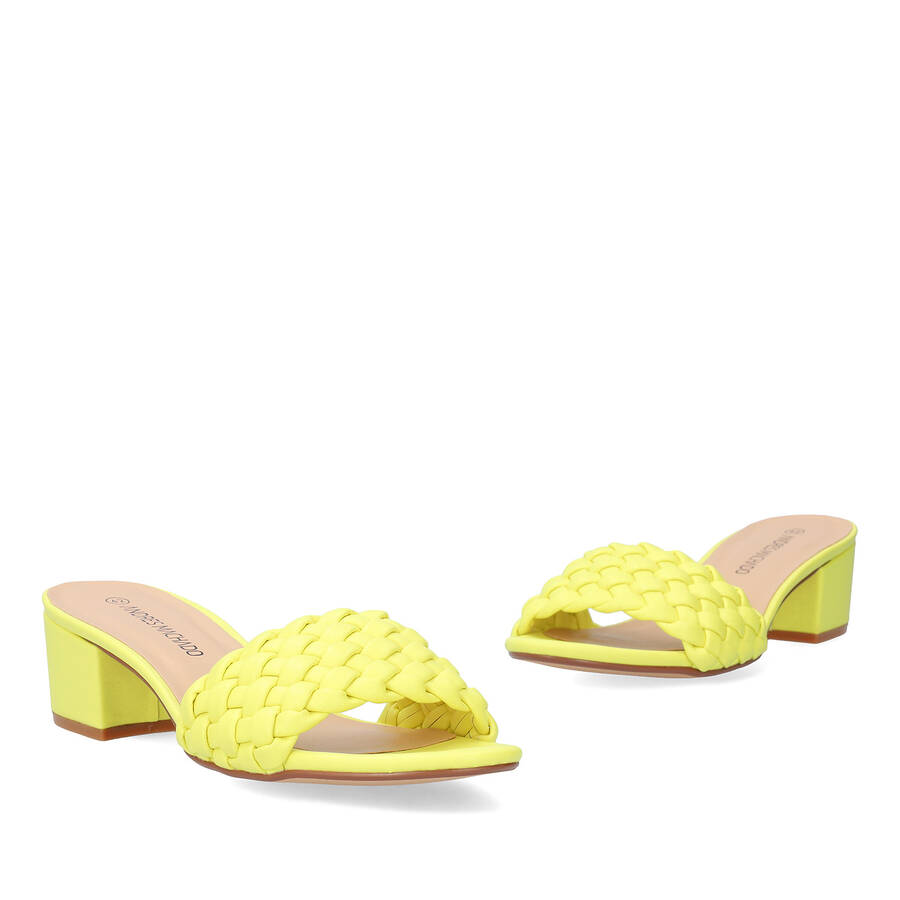 Squared heel mule in soft neon yellow material 