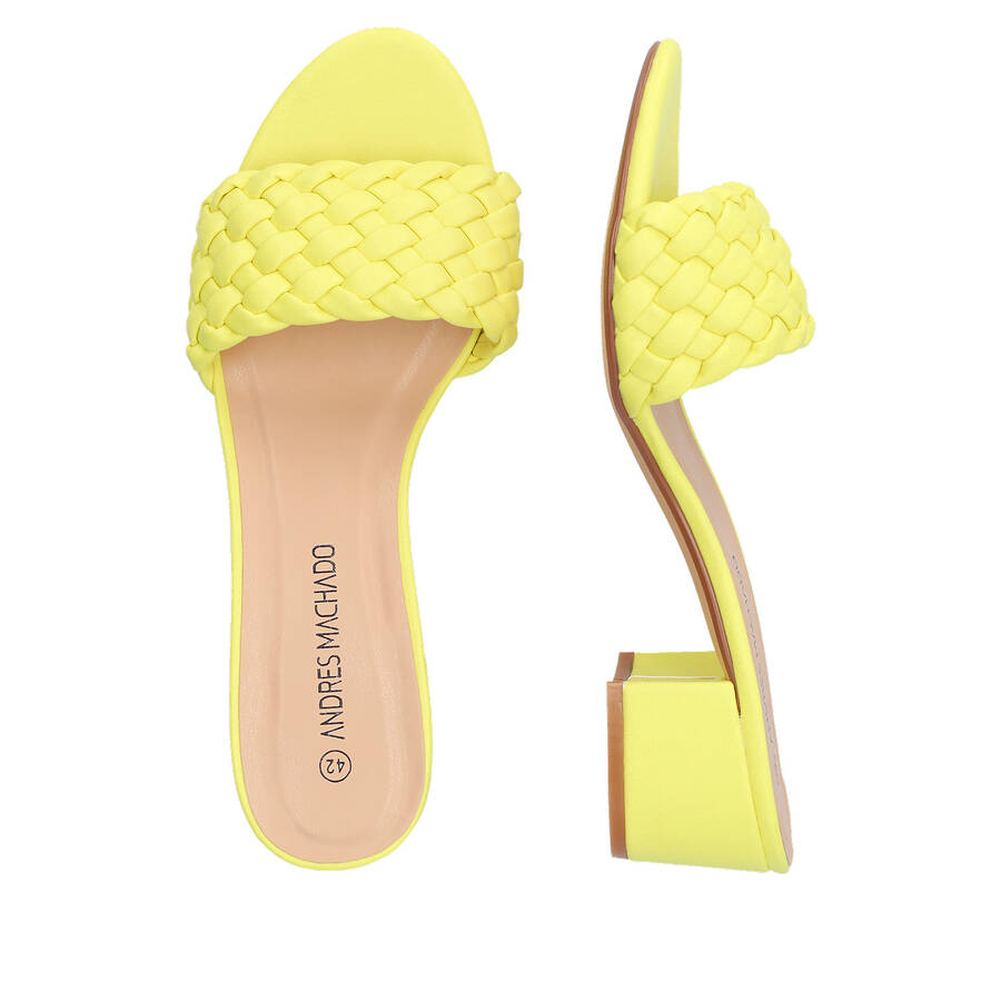 Squared heel mule in soft neon yellow material 