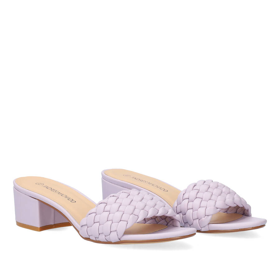 Squared heel mule in soft purple material 