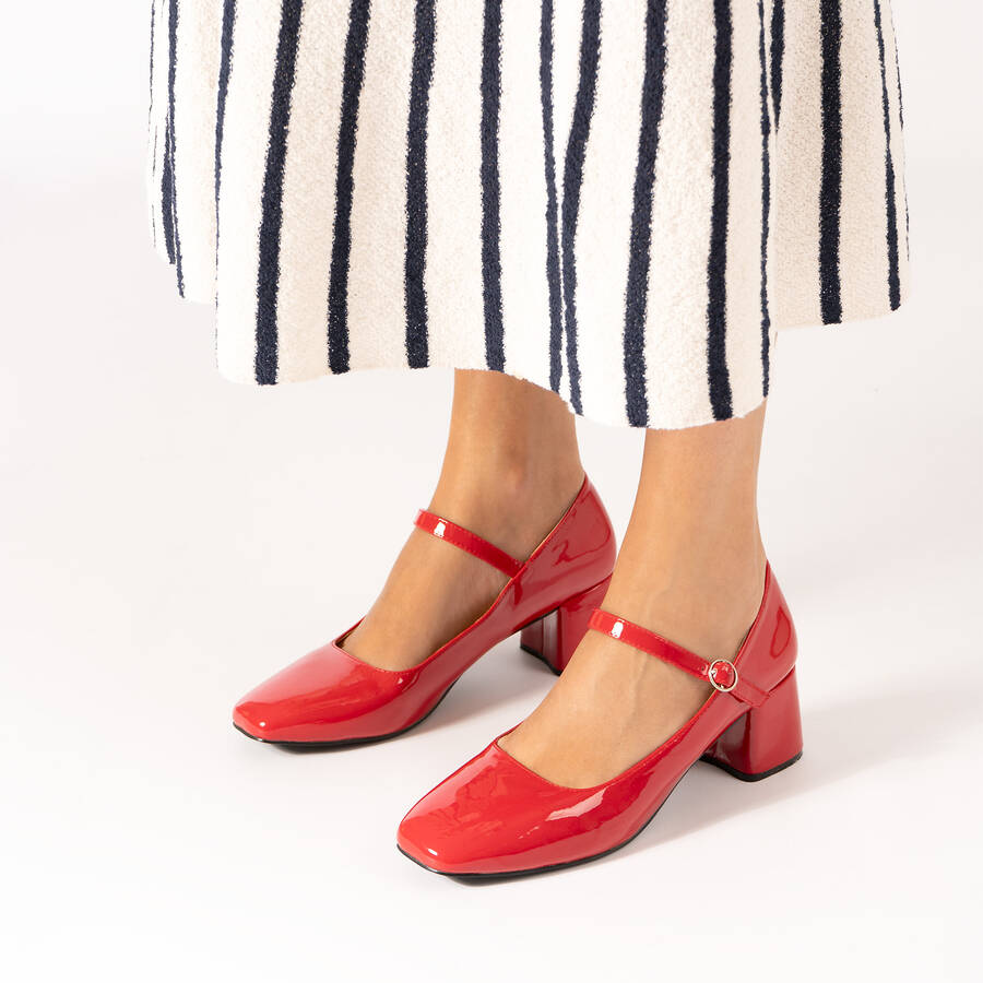 Patent red faux leather heeled May Jane 