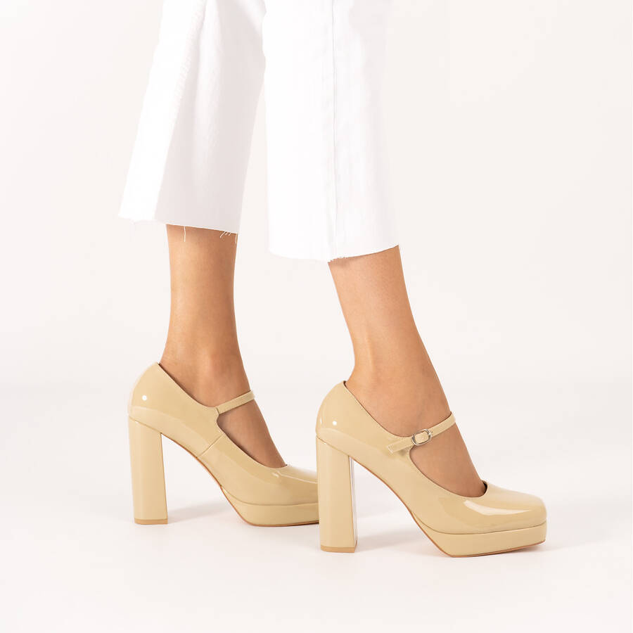 Mary Jane à talon simili cuir verni beige 