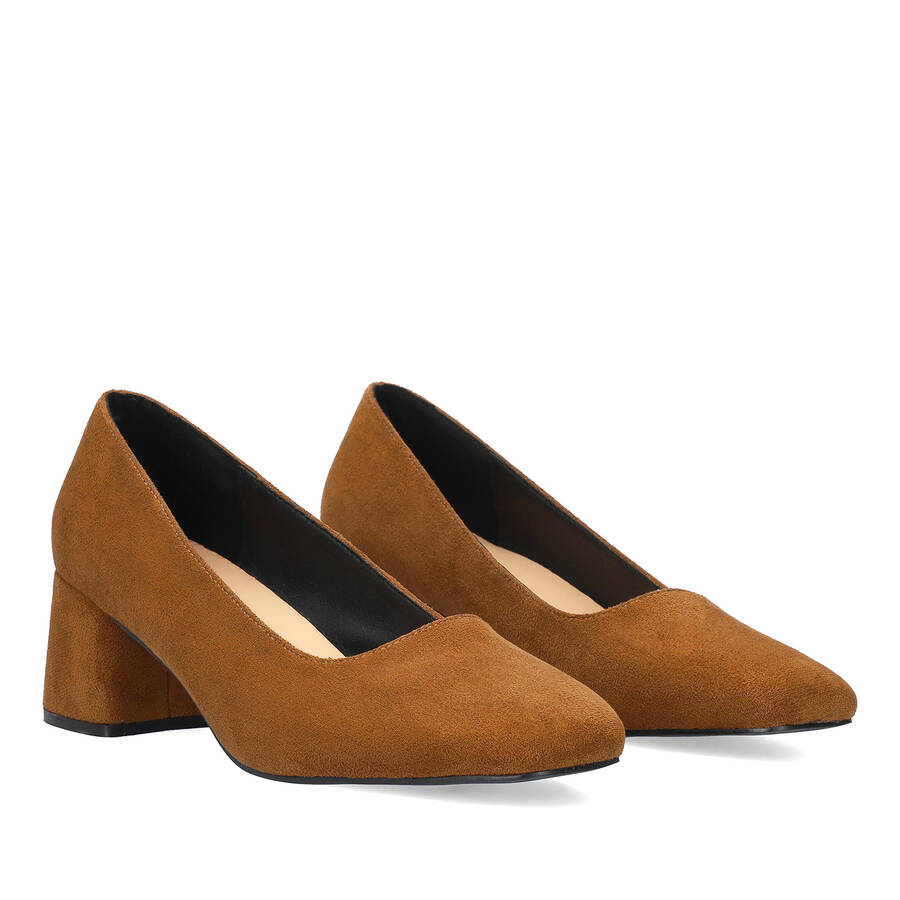 Brown faux suede heeled pumps 