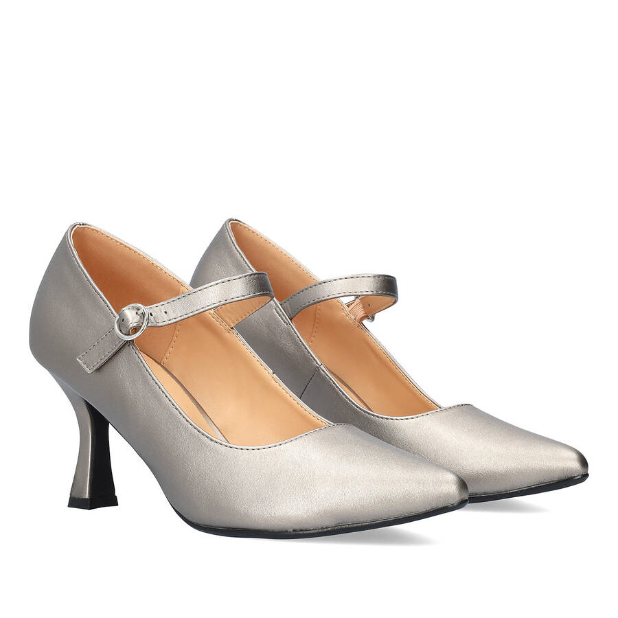 Mary Jane Stil Schuhe mit Kitten Heel in Soft Farbe Altsilber 