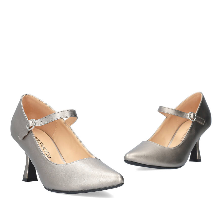 Mary Jane Stil Schuhe mit Kitten Heel in Soft Farbe Altsilber 