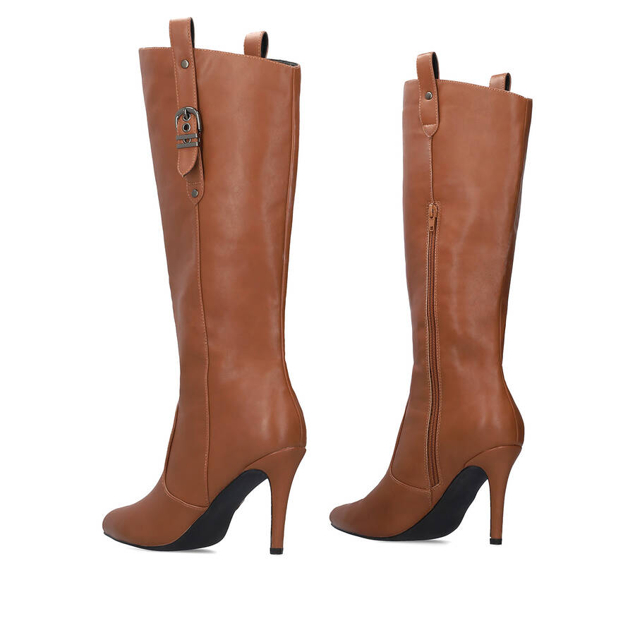 High heeled boots in camel soft faux leather 