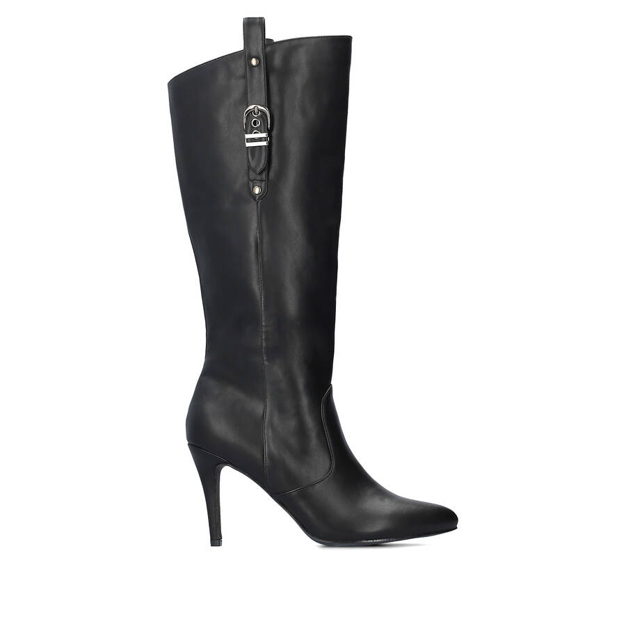 High heeled boots in black soft faux leather 