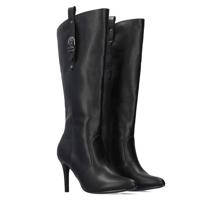 High heeled boots in black soft faux leather 