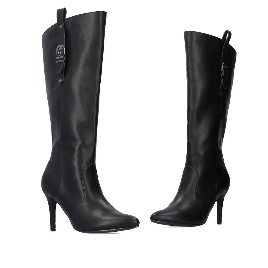 High heeled boots in black soft faux leather 