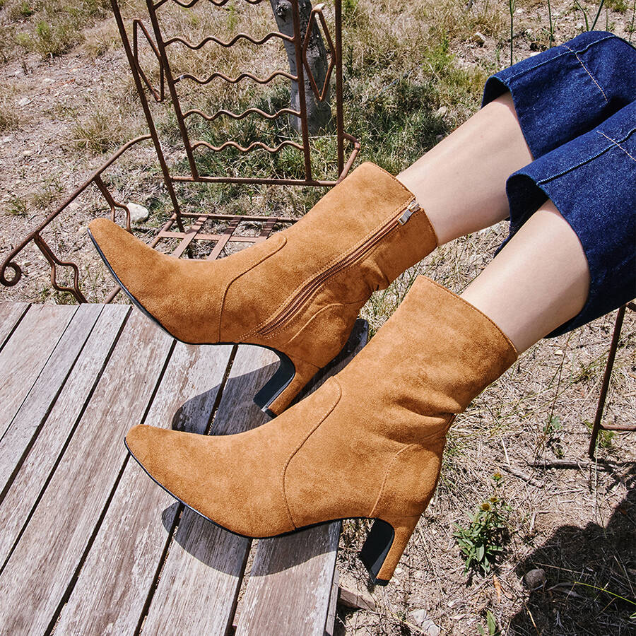 Camel faux suede heeled ankle boots 