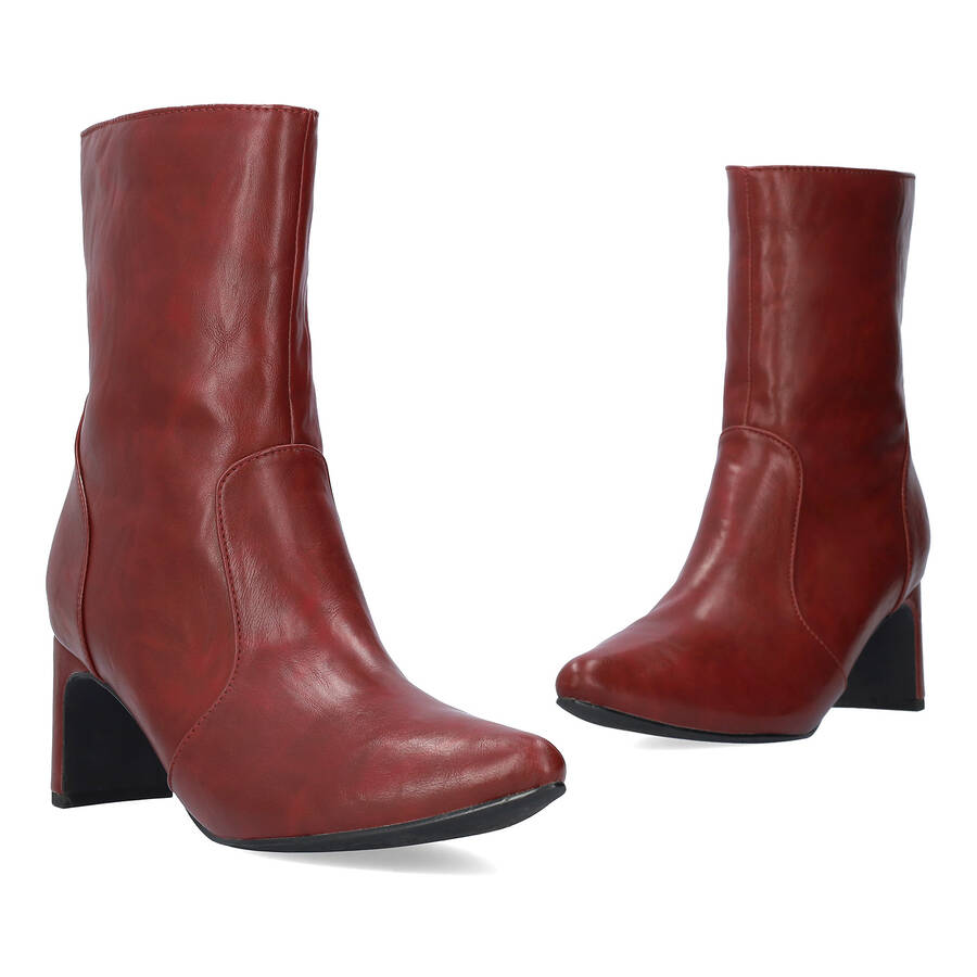 Garnet red faux soft leather heeled ankle boots 