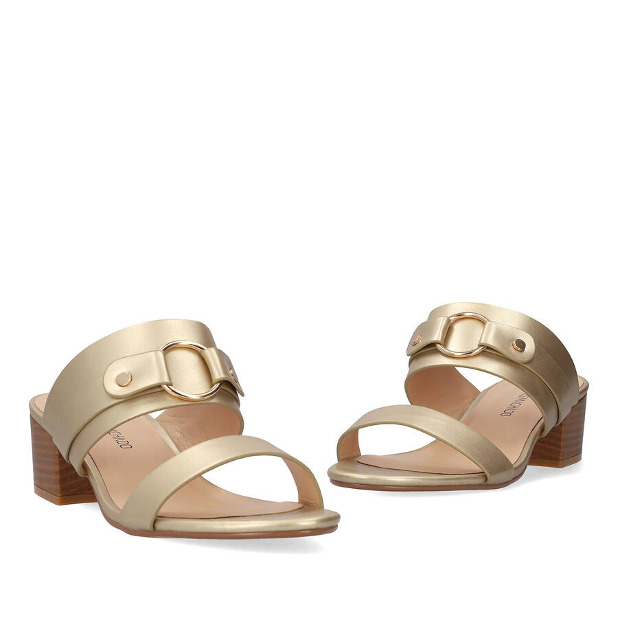 Square-heeled gold colour mule 