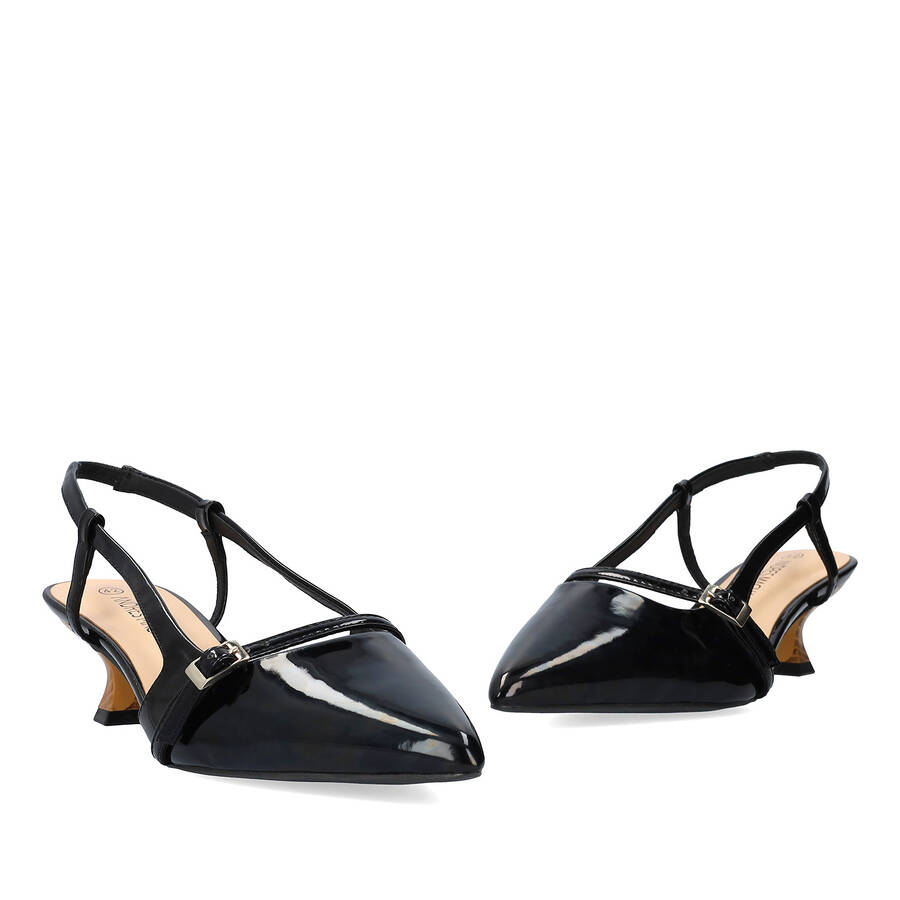 Slingback black patent shoes with a kitten heel 