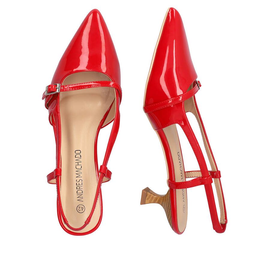 Slingback red patent shoes with a kitten heel 