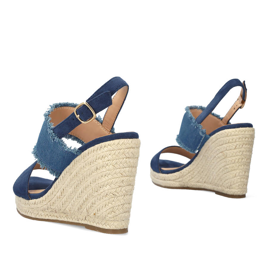 Suede blue sandal with jute wedge 