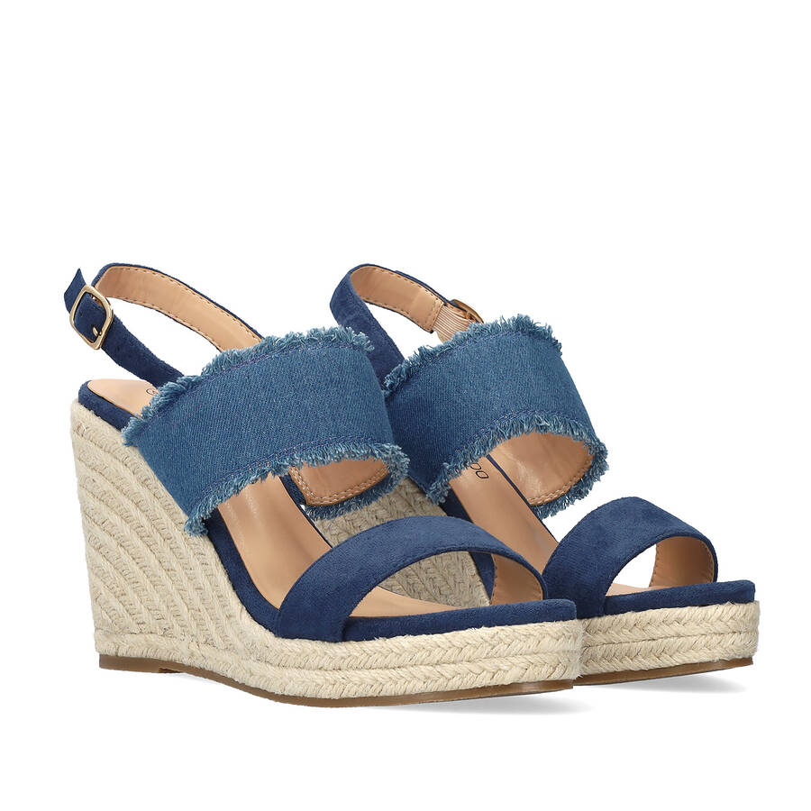 Suede blue sandal with jute wedge 