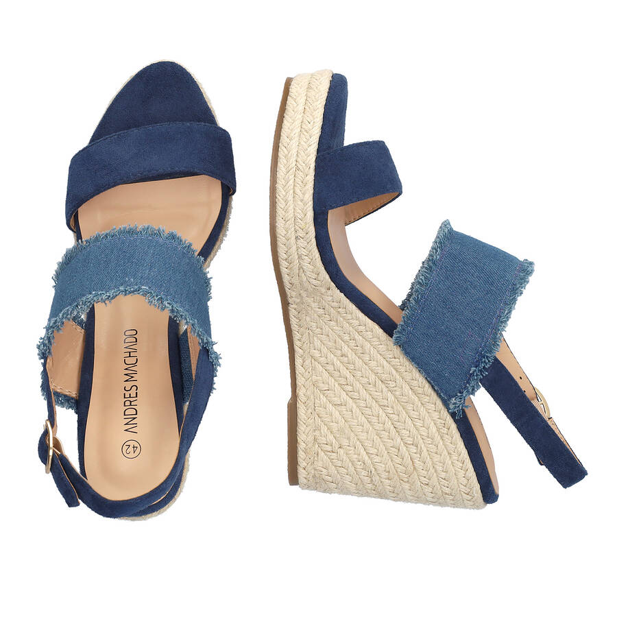 Suede blue sandal with jute wedge 