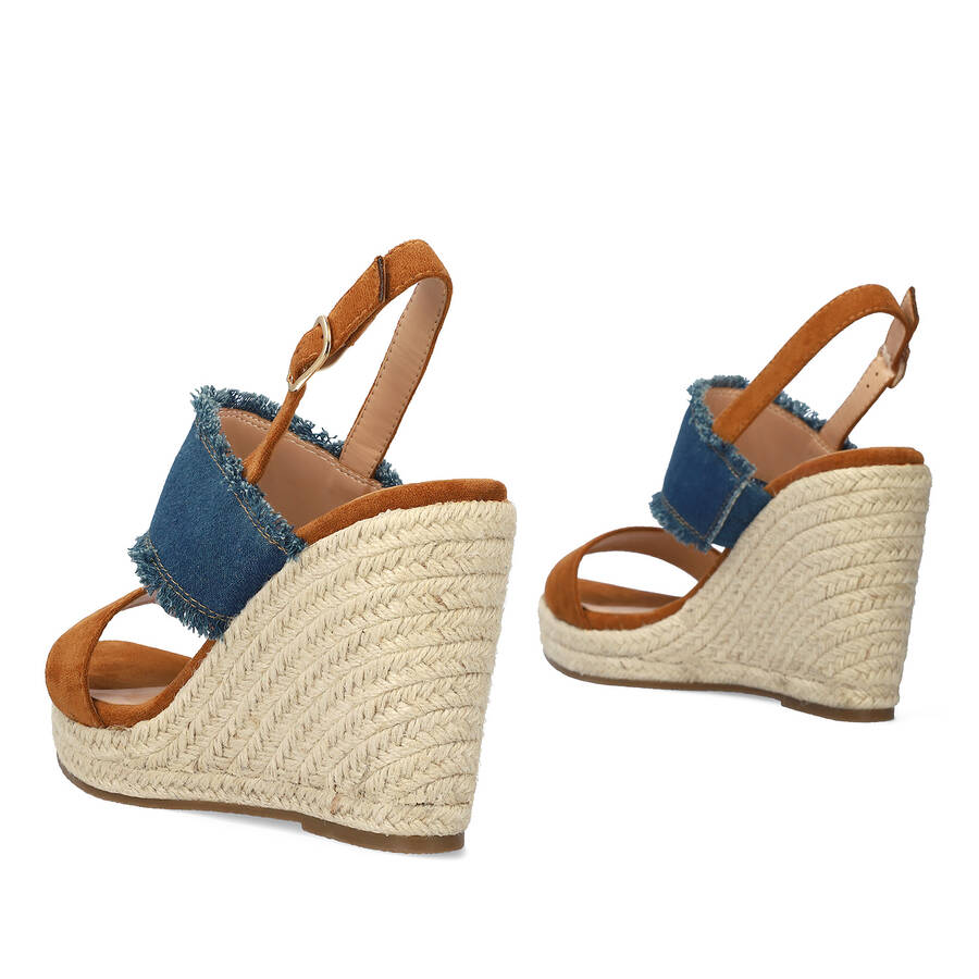 Suede brown sandal with jute wedge 