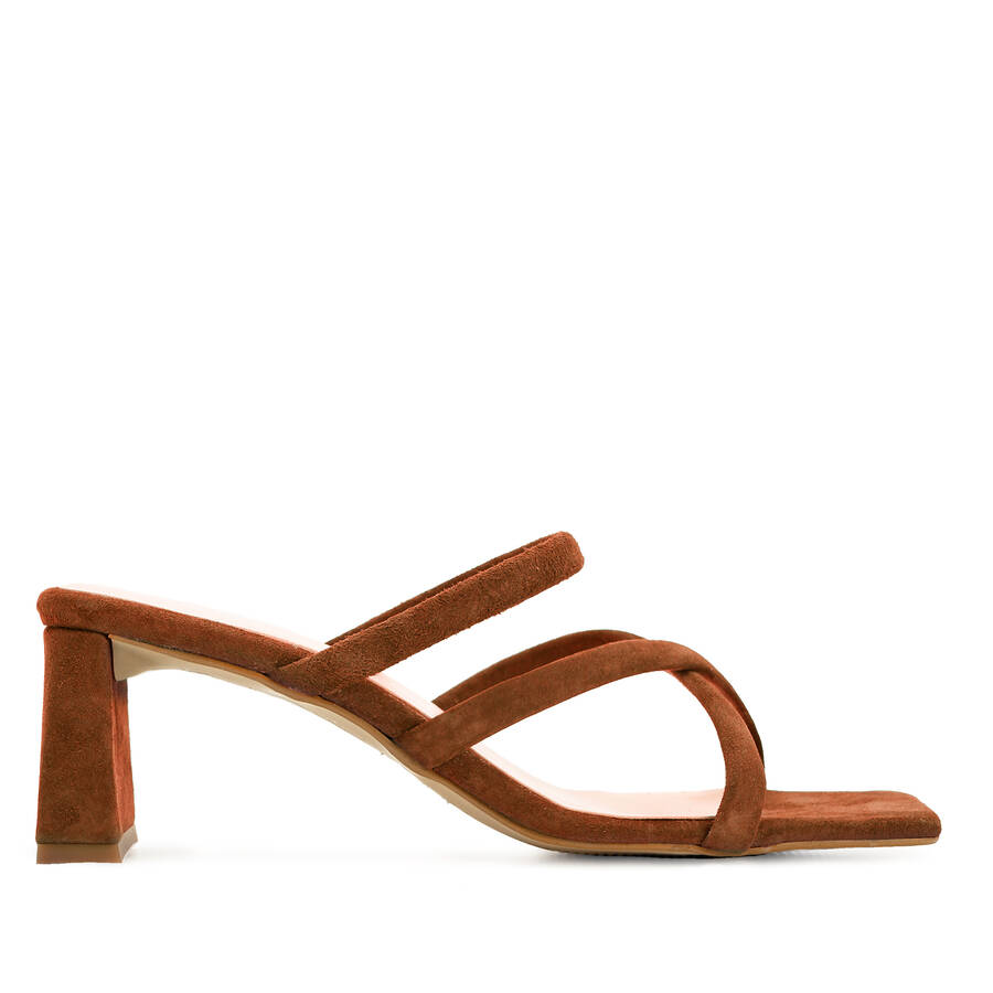 Heeled Mules in Brown Split Leather with Square Toe 