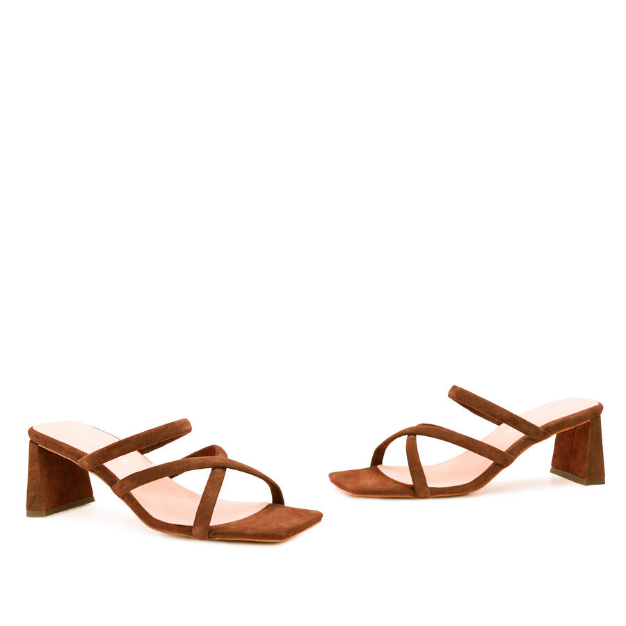 Heeled Mules in Brown Split Leather with Square Toe 