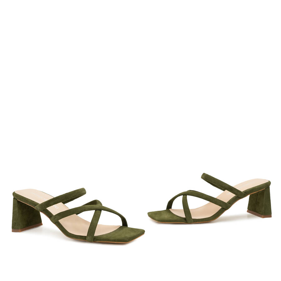 Heeled Mules in Kaki Split Leather with Square Toe 