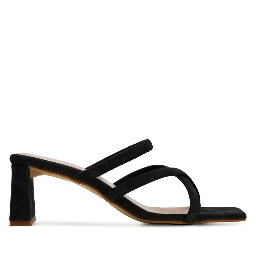 Heeled Mules in Black Split Leather with Square Toe 