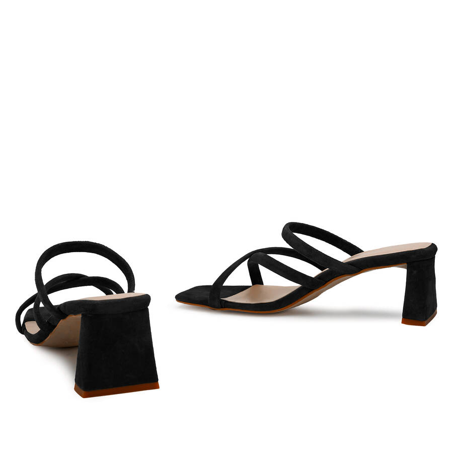 Heeled Mules in Black Split Leather with Square Toe 