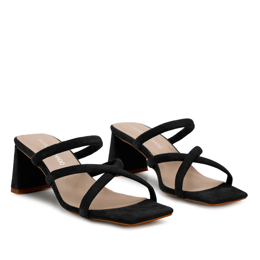 Heeled Mules in Black Split Leather with Square Toe 