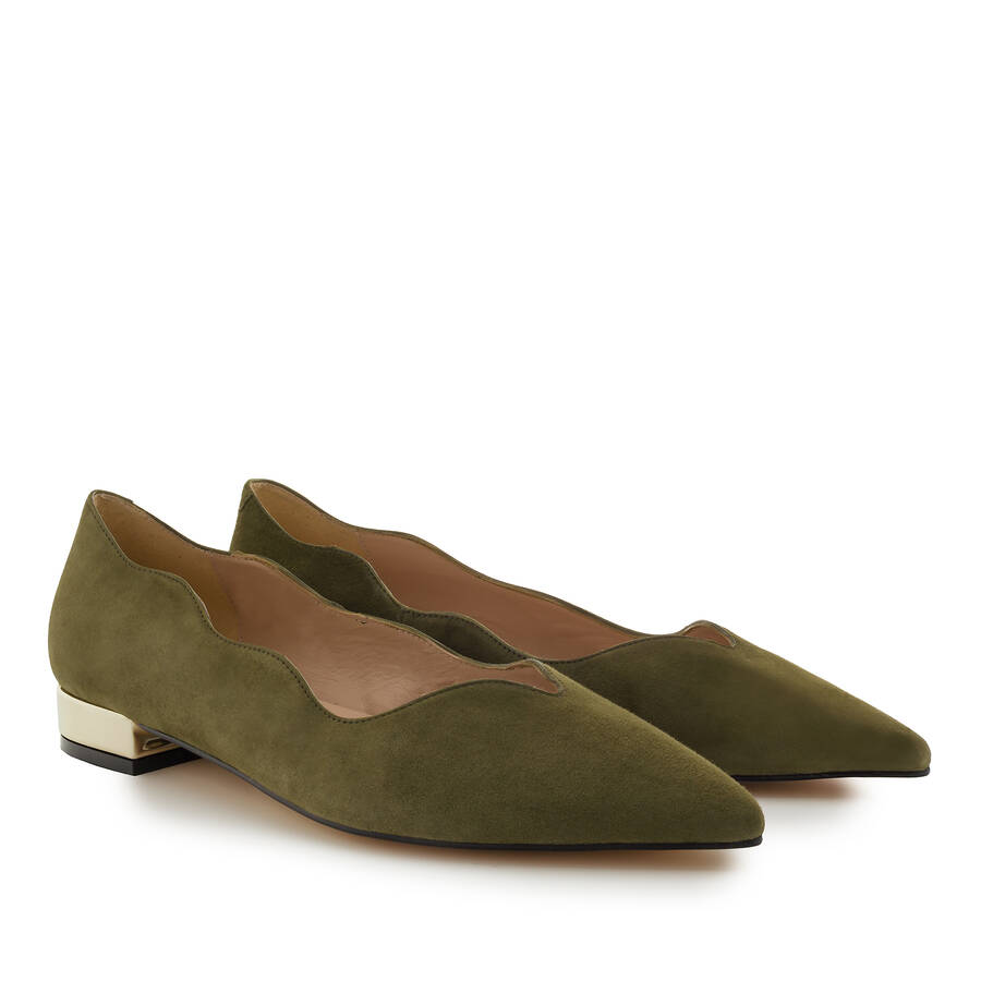 Waved Upper Ballet Flats in Olive Green Nappa Leather 