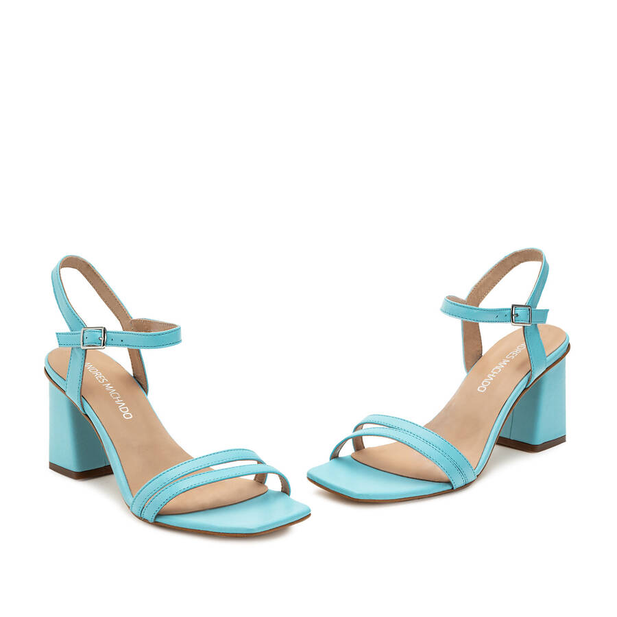 Ankle Block Heel Sandals in Sky Blue Leather 