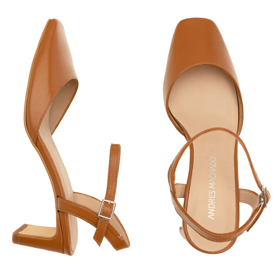 Slingback Heeled Shoes in Brown Leather 