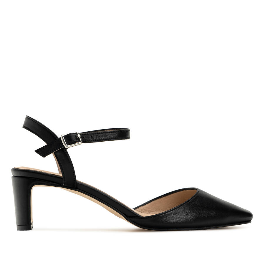 Slingback Heeled Shoes in Black Leather 