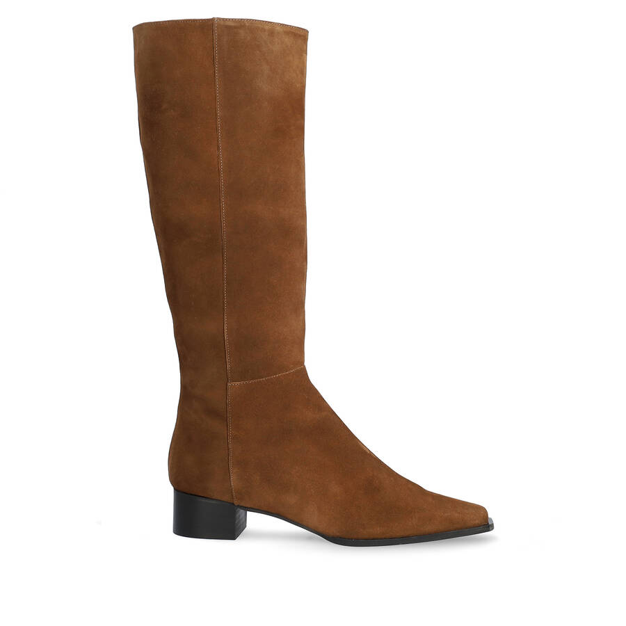 Bottes cuissardes en croûte de cuir marron 