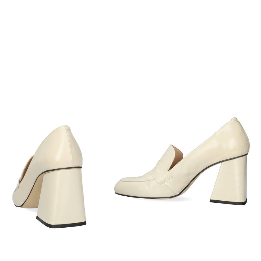 Heeled loafers in off-white leather 