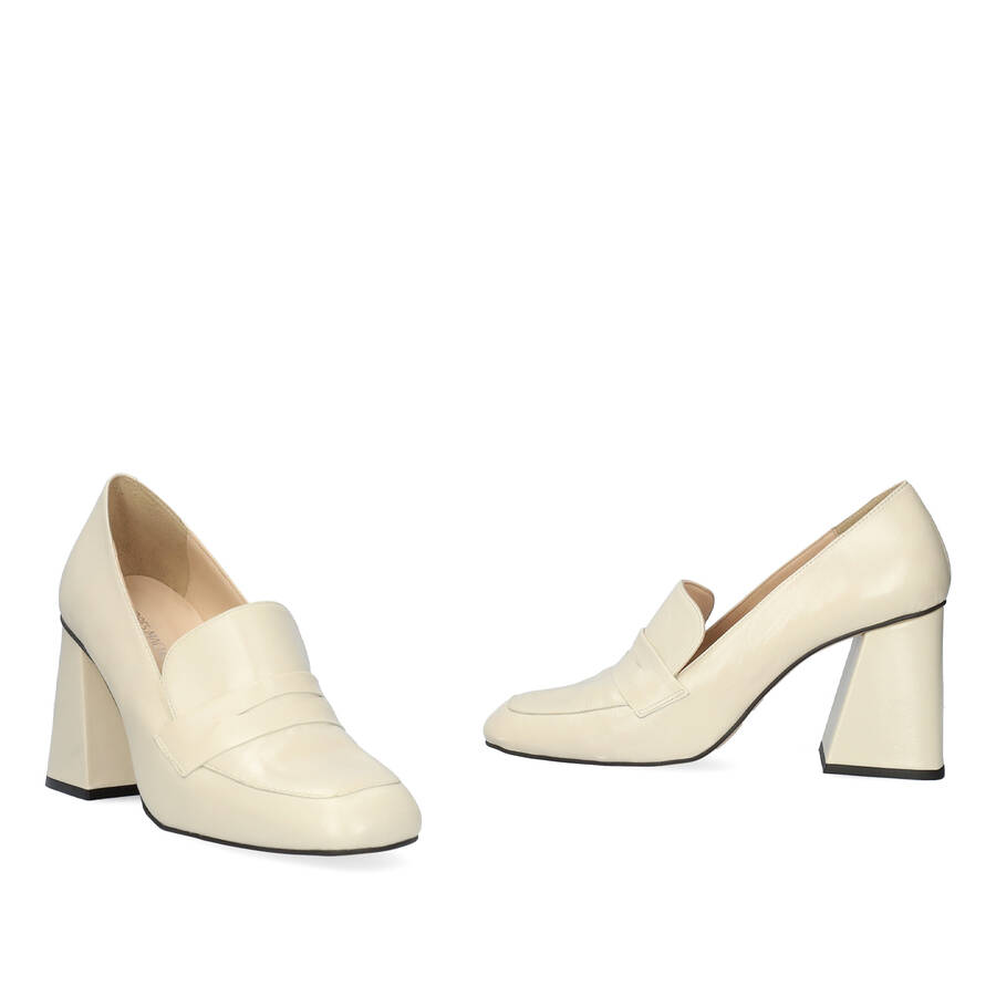 Heeled loafers in off-white leather 