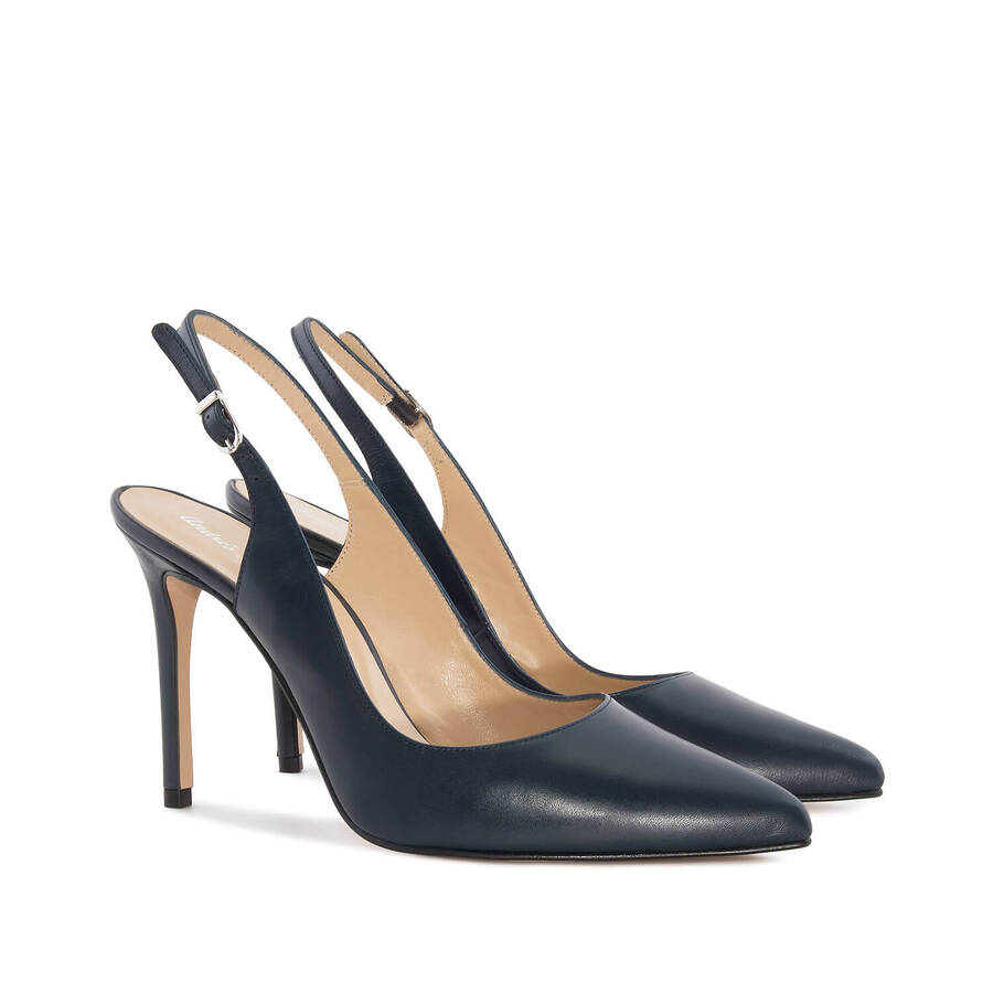 Fine Toe Slingback Shoes in Navy Leather 