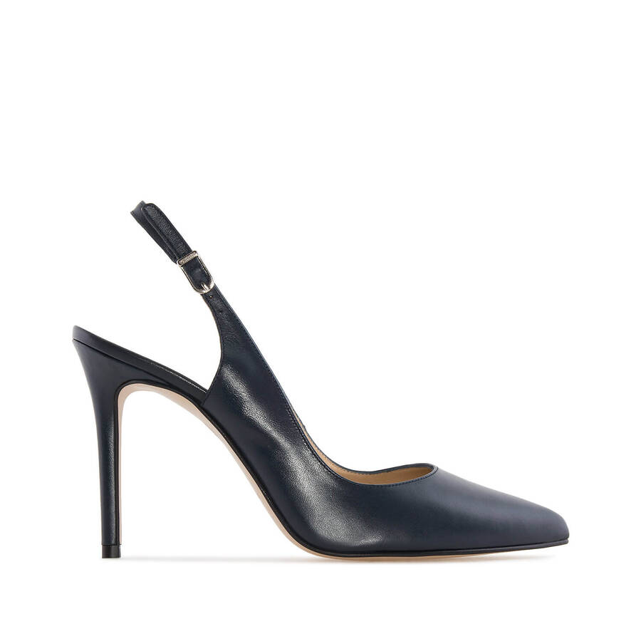 Fine Toe Slingback Shoes in Navy Leather 