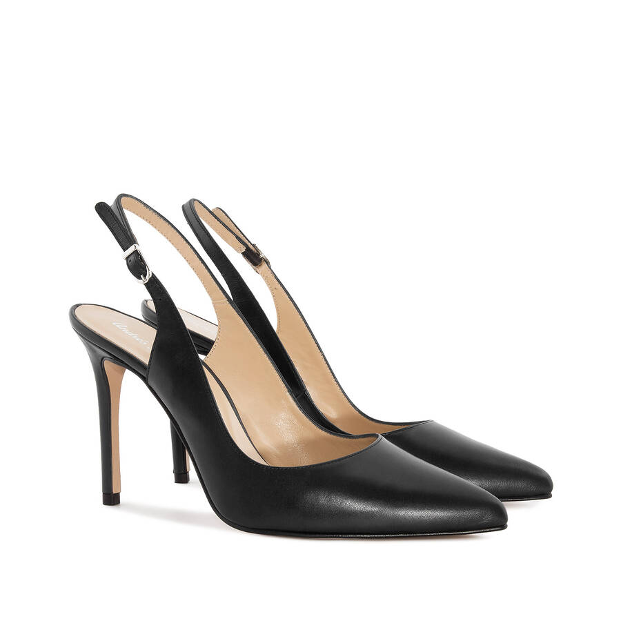 Fine Toe Slingback Shoes in Black Leather 