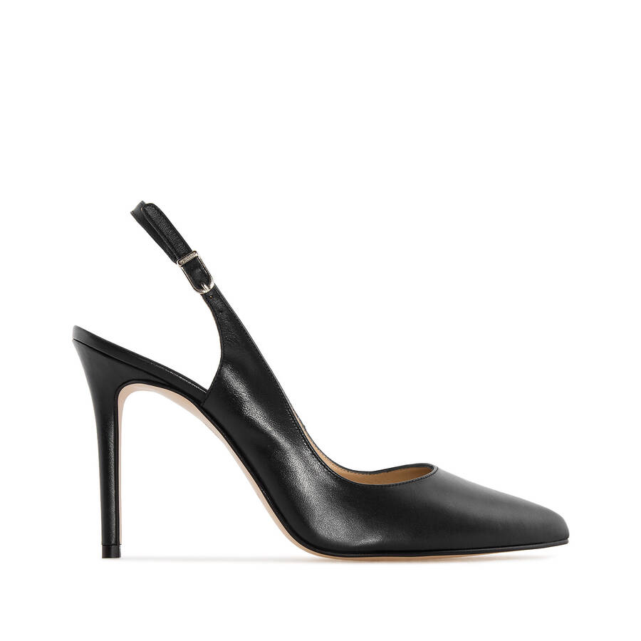 Fine Toe Slingback Shoes in Black Leather 